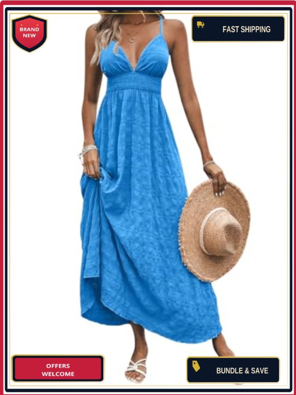 Backless Maxi Sundress Deep V Neck Spaghetti Strap Flowy A Line